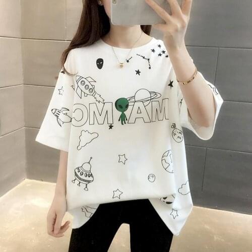 Womens T Shirt 100% Cotton Korean Loose Wild Round Neck Printed T Shirt Casual Short Sleeve T-shirt for Women Top Spring Summer