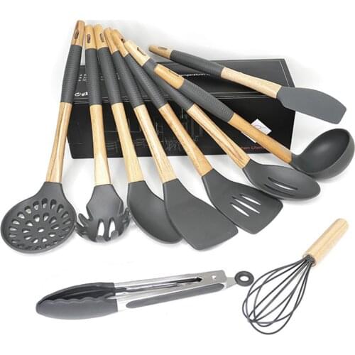 10pcs/set Silicone Spatula Utensils Turner Heat-resistant Soup Spoon Non-stick Shovel Wooden Handle Cooking Shovel Kitchen Tool