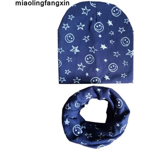 2020 Autumn Winter Girls Hat Set Star Smile Baby Head Cover Spring Warm Neck Collar Kids Beanies Sets Cotton Baby Boys Hat Scarf