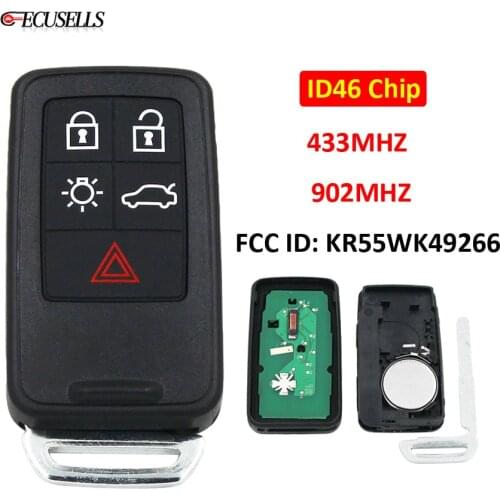 5 Button Smart Remote Car Key 433Mhz or 902Mhz ID46 Chip FCC ID: KR55WK49266 for Volvo XC60 XC70 V40 V60 V70 S60 S80 Uncut Blade