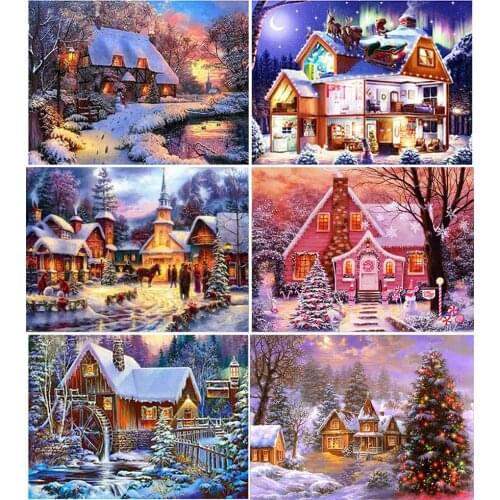5D Diamond Painting Winter House Snow Scene Full Drill Mosaic DIY Diamond Embroidery Landscape Art Christmas Home Decor Gift