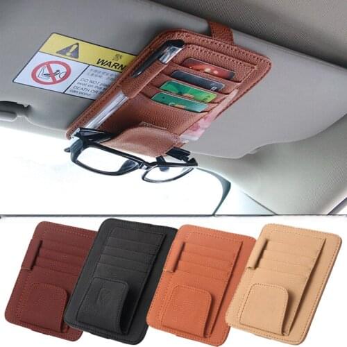 Car Sun Visor Storage Pouch Bill Card CD Phone Holder Storage Box Leather Sunglasses Clip With Multifunctional