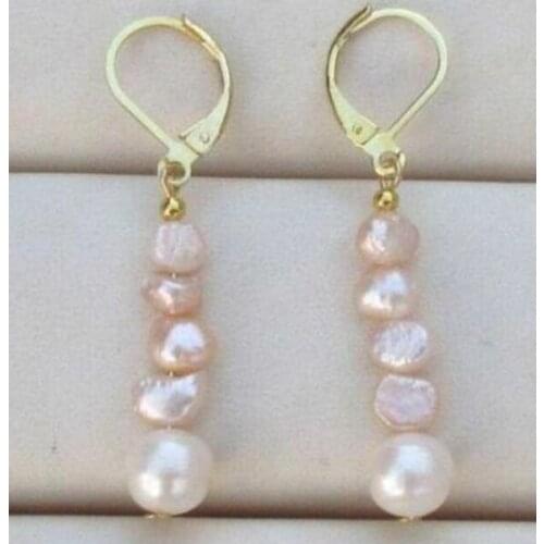 >>>>noble jewelry Genuine AAA+++ white pink pearl dangle earring 14K/20 YELLOW GOLD