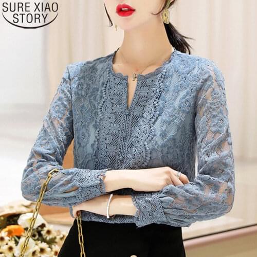 2021 Long Sleeve Lace Shirt Blue Vintage Lace Blouses Women Autumn Office Lady Elegant Clothes Blusas O-neck Women Tops 11303