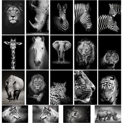Black and White Elephant Zebra Giraffe Tiger Lion Wall Art Posters Animal Canvas Print Paintings Picture for Living Room Bedroom