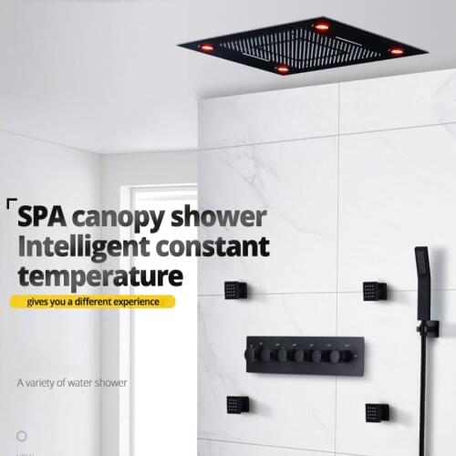 Black Shower Faucets Set Rain Waterfall Thermostatic Shower Faucet for Hot and Cold Bathtub Concealed LED Ceiling Shower System