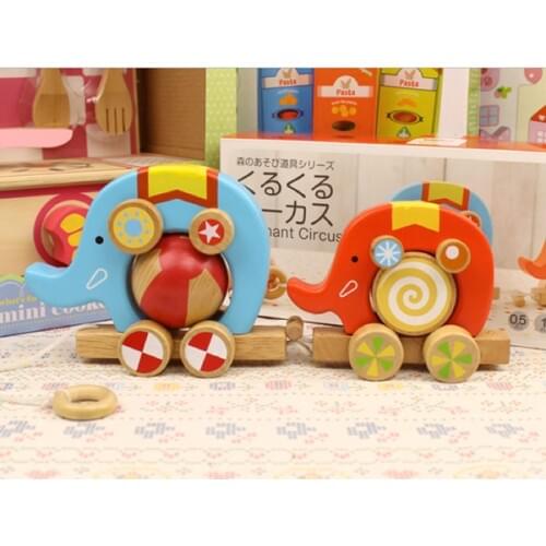D633 Free shipping fine wooden toy 2 elephant dragging car fun wheel design Childrens educational toys