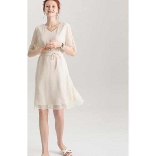 Elegant Ruffles Sleeve Natural Silk Dress V-neck Lacing One-piece Dresses M L XL FREE SHIPPING