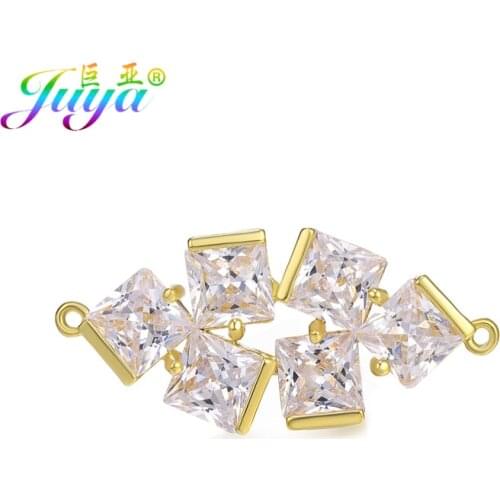 Juya DIY Bracelet Earrings Jewelry Making Supplies Handmade Cubic Zirconia Flower Geometric Rhombus Charm Connectors Accessories
