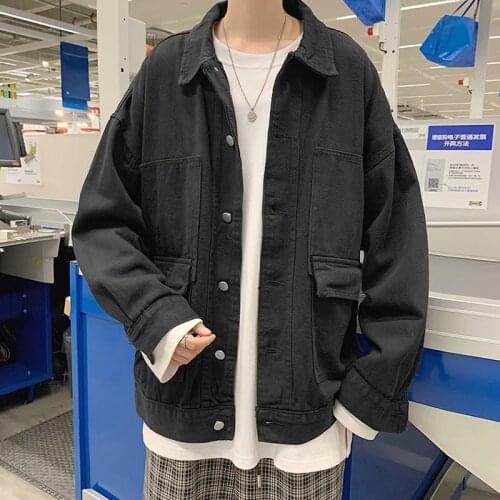 New Cotton Denim Jacket Men Casual Solid Color Single Breasted Black Hip Hop Jeans Jacket Outwear