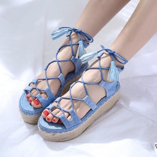 Summer Braided Platform Sole Denim Sandals Women Faux Suede Tassel Lace Up Sandals Bottines