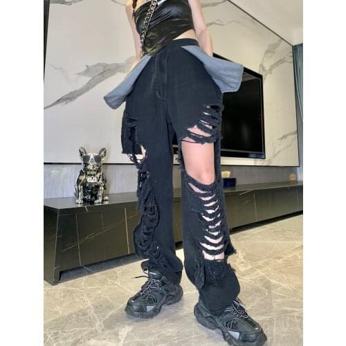 Fashion 2021 Autumn New Women Hole Patchwork Black Jeans Female Denim Straight Pants Trouse Rmsx 6.10