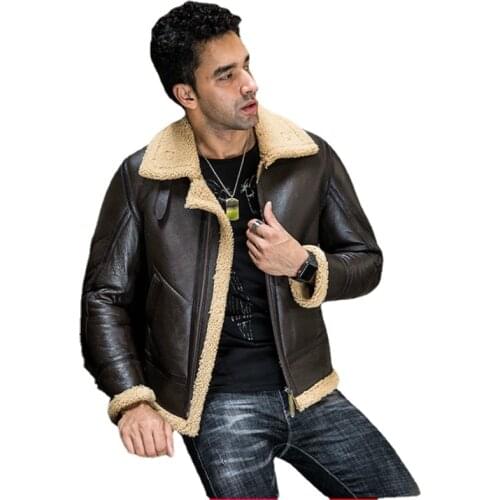 Real Leather and Fur In One Male B3 Air Force Flight Suit Genuine Leather Motorcycle Jacket Men Sheepskin Fur Mens Outerwear