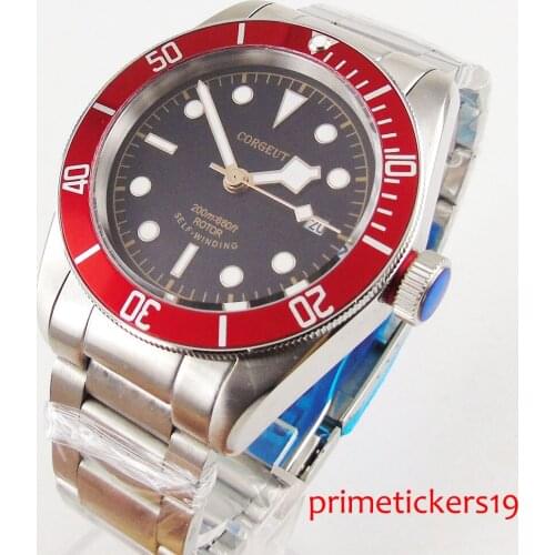 New arrival 41mm corgeut black dial red bezel sapphire glass date window automatic men watch 99