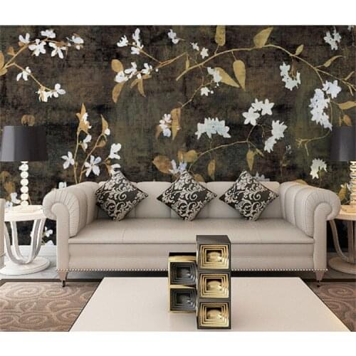 Custom photo European and American retro black bottom pattern white small floral painting TV background wall decorative painting