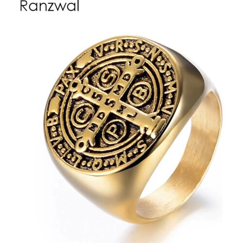 Ranzwal 316L Stainless Steel Rings for Men Punk Gothic Cross of St. Benedict Ring Biker Jewelry US SIZE 8~13