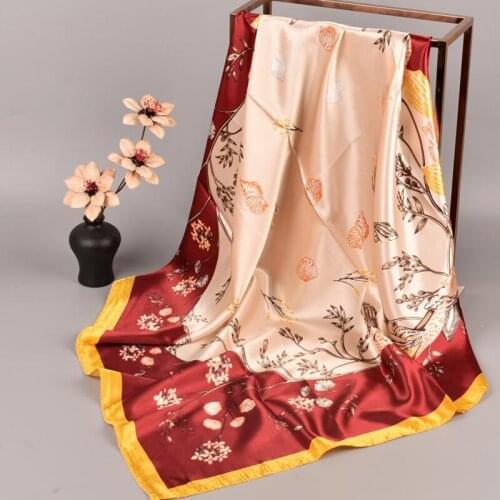 Flower Silk Scarf Women Foulard 90*90cm Square Head scarf Ladies Elegant Shawl Wrap Female Leaves Hijab Conchonch plant Scarves