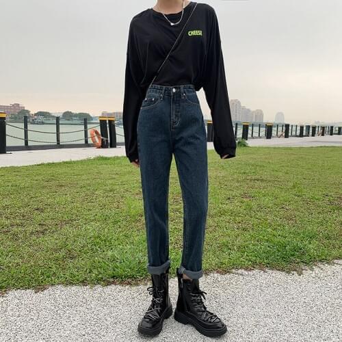 Harlan Jeans Womens New Korean-Style Loose Capri Daddy Pants High Waist Large Size Slimming Cropped Denim Jeans Light Blue