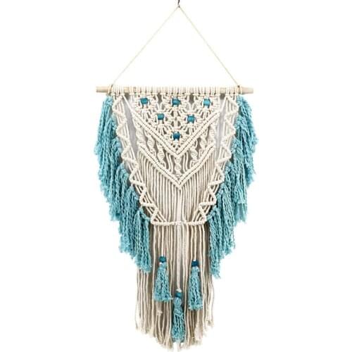 Blue Bohemian Macrame Wall Art Handmade Cotton Wall Hanging Tapestry Nordic Tapestry with Tassel Home Wedding Decoration