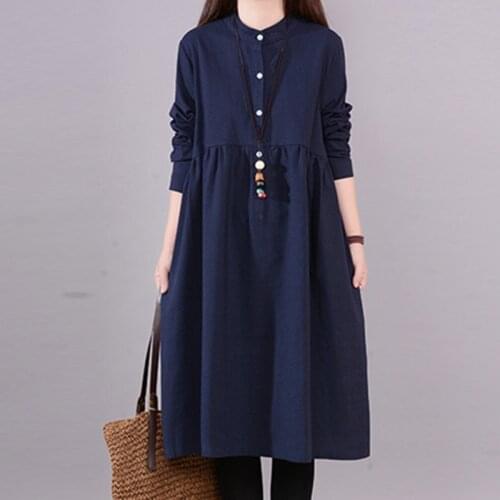 Uego 2021 New Arrival Spring Dress Solid Color Linen Cotton Vintage Dress Plus Size Women Autumn Casual Midi Blouse Shirts Dress