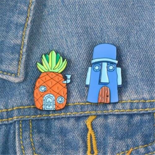 WKOUD Cartoon BoB Pin ! Masks House Pineapple House Squidward Sponge Baby Hard Enamel Pins Backpack Denim Badge For Gift