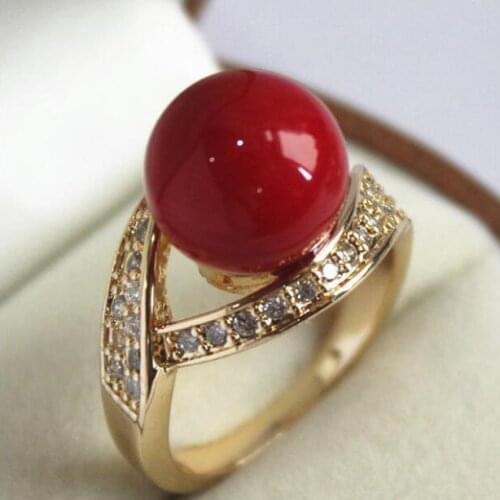 Jewelry Pearl Ring lovely ladys 18KGP with crystal decorated &12mm red shell pearl ring(#7 8 9 10) Free Shipping