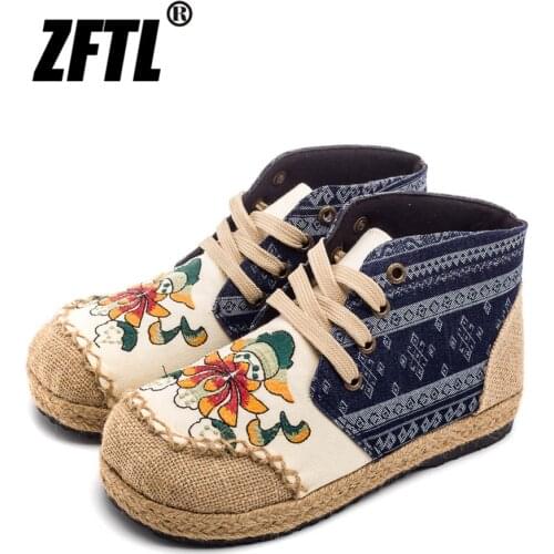 ZFTL Women Ethnic style embroidered shoes Flat heel linen embroidered womens shoes Spring mid-cut cloth shoes Female Loafers