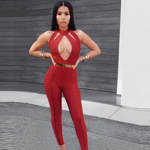 Summer Women Two Pieces Sets Sleeveless Tops & Pants Sexy Halter Hollow V Neck Club Celebrity Evening Party Rompers Sets