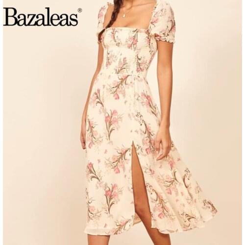 Bazaleas Holiday Elastic Bust vestidos Chic Cream Floral Print midi Dresses Elegant Chiffon Dress women