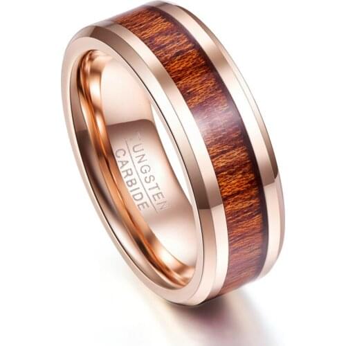 8mm Tungsten Carbide Ring Hawaiian Koa Wood Inlay Tungsten Ring Beveled Wedding Band Mens Ring Comfort Fit Size 7-12