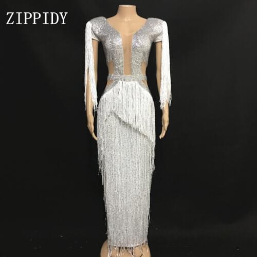 Shining White Fringes Dress Women Sexy Tassel Rhinestones Costume One-Piece Dress Female Birthday Celebrate Long Dress