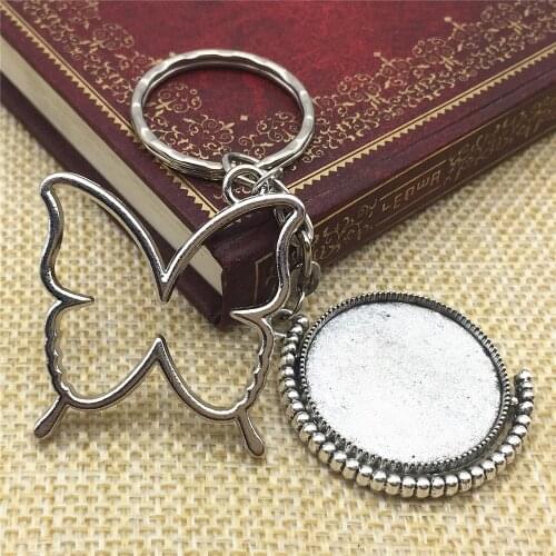 1pcs Silver Plated Key Chains Butterfly Charm 25mm Rotatable Blank Base Cabochon Setting Keychain Handmade Jewekry DIY Making