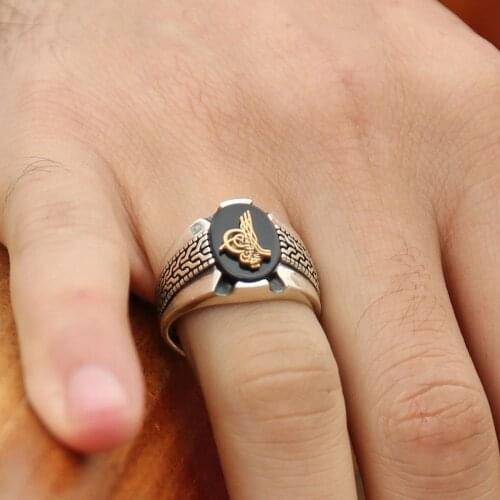 Tesbihane Black Murat Ring-925 Sterling Silver Tuğralı Onyx Gemstone Ring