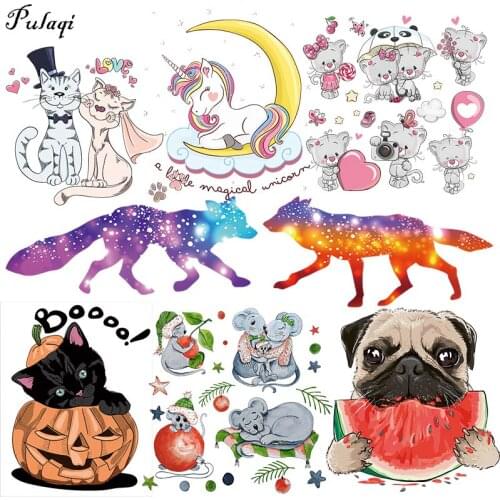 Kids Stickers Patch Fox Dog Iron On Transfers For Clothing Cute Cat Heat Transfers Animal Thermo Stickers On Clothes Stripes
