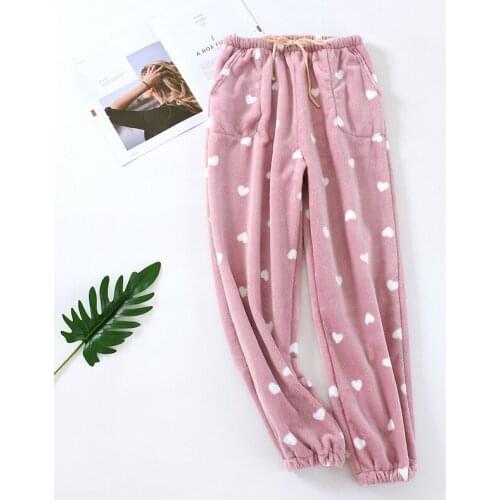 JULYS SONG Flannel Long Sleep Bottoms for Women Warm Winter Heart Printed Elastic Waist Pants Loose Pajamas Female Homewear
