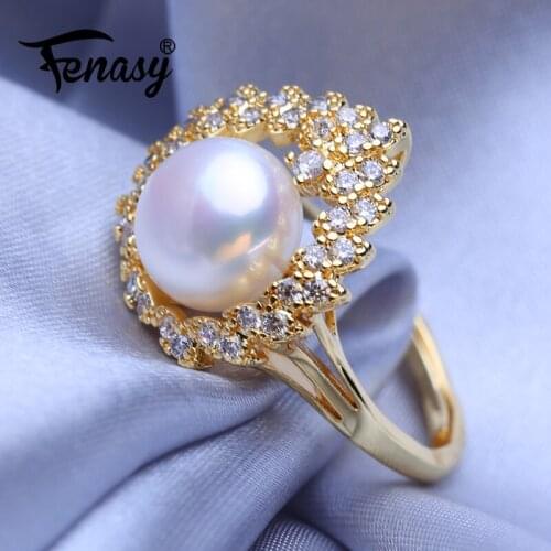FENASY Natural Freshwater Pearl Rings For Women Heart Adjustable Gold Color Ring Female Party Wedding Jewelry