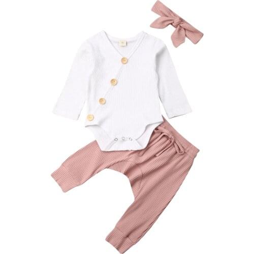 Infant Newborn Toddler Baby Girls Boys Solid Printed Long Sleeve Jumpsuit + Pants + Headband 3Pcs Set Outfit