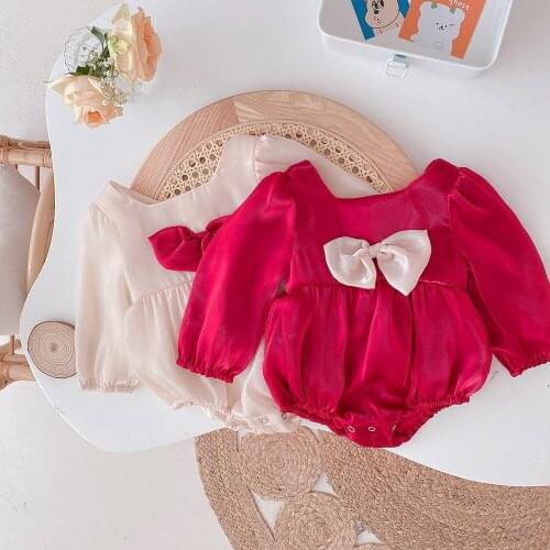 Infant Girls Puff Sleeve Solid Cute Bow Princess Birthday Party Baby Baptism Bodysuits Kids Rompers Toddler Outfits
