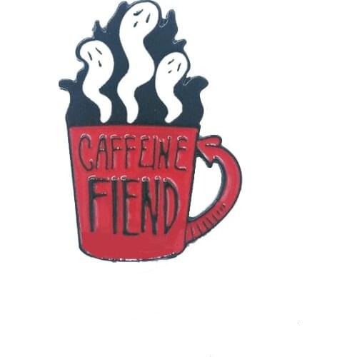 Red Caffeine Fiend Cup Metal Enamel Brooch White Ghost Coffee Cup Badge Pin Fun Trendy Costume Jewelry Accessories Gift