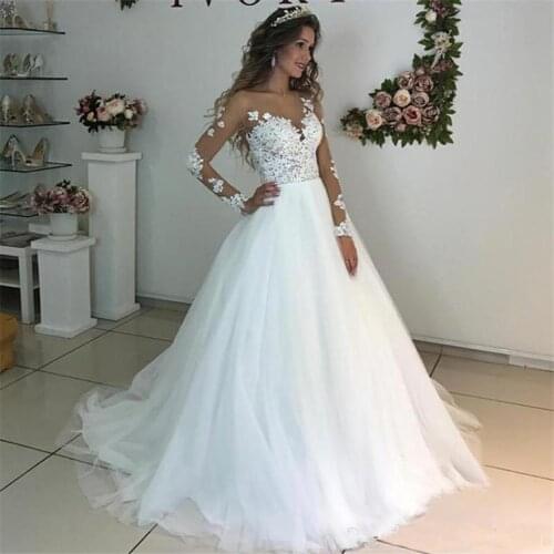 Illusion Scoop Neck Tulle Gown With Lace Appliqued Wedding Dresses Long Sleeve Sweep Train robe de mariee 2020 Bride Dress