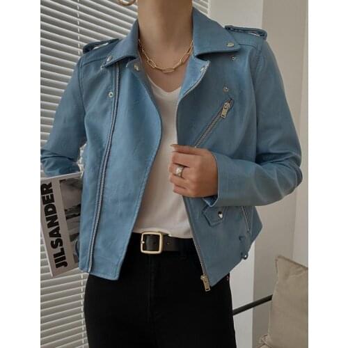 Spring Autumn Pu Faux Leather Jacket Women Blue Red wine Black Zipper Slim Short Biker Jackets Coat Female Outwear