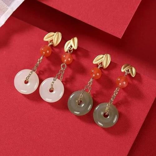 Original S925 Sterling Silver Golden South Red Hetian White Jade Personality Bamboo Leaf Ancient Style Elegance Retro Ladies Ear