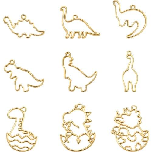 38pcs Alloy Open Back Bezel Pendants For DIY UV Resin Epoxy Resin Pressed Flower Jewelry Dinosaur Lead Free & Cadmium Free Golde