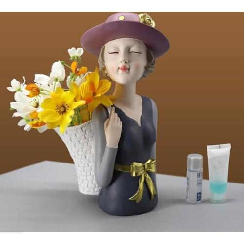 Modern Back Basket Girl Flower Pot Resin Storage Box Home Livingroom Desktop Figurines Decoration Club Store Table Statue Crafts