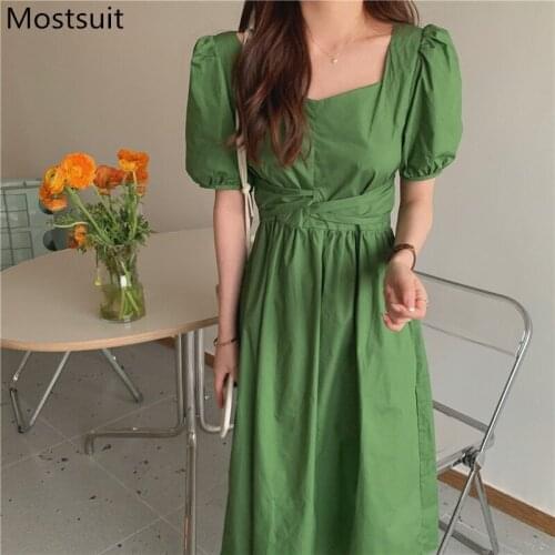 Korean Vintage Women Long Dress Summer Puff Sleeve Square Collar Lace-up Bow Dresses Elegant Party Ladies Vestidos Femme 2021