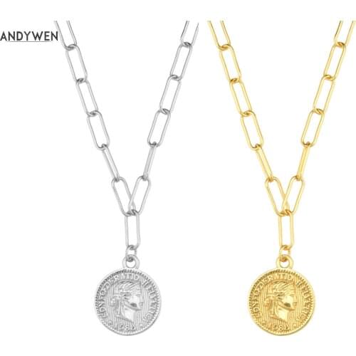 ANDYWEN New 100% 925 Sterling Silver Big Horoscope Chain Coins Queen Women Necklace 2020 Rock Punk Women Fashion Jewelry 2020