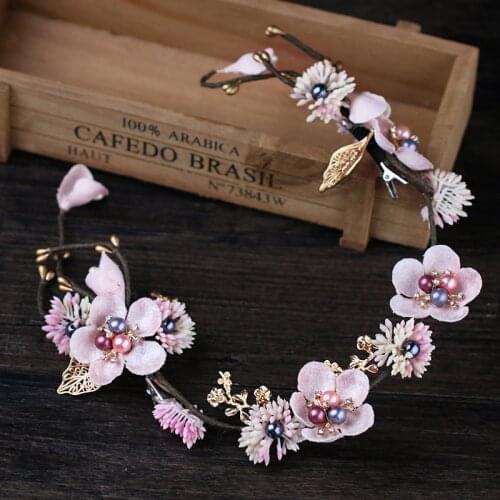 Vintage Pink Purple Hair Jewelry For Women Wedding Bridal Flower Yarn Headbands Pearl Hairbands Clips Hair Accessories Headpiece
