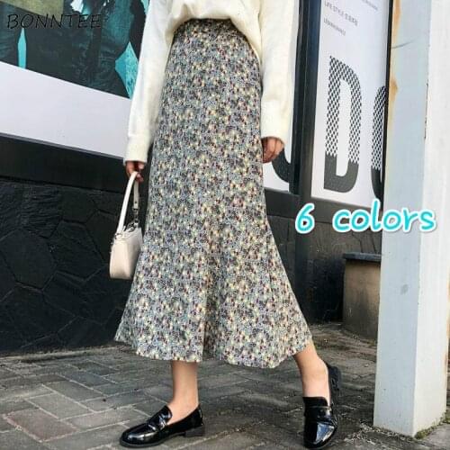 Skirts Women Print Ins Trumpet Teenagers Retro All-match Autumn 2021 Mermaid Elegant Fashion College Corduroy Vintage High Waist