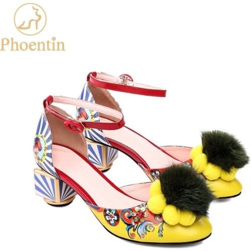 Phoentin ankle strap buckle womens fur pumps colorful print flower Womens shoes novelty strange heels party woman shoes FT269