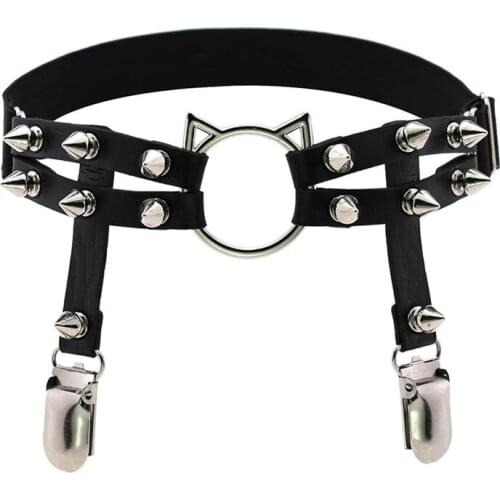 Womens Sexy Punk Elastic Harness Cat Leg Chain Garter Belts Cosplay Spike Elastic Thigh Ring Garter Body Jewelry Harajuku Rivet